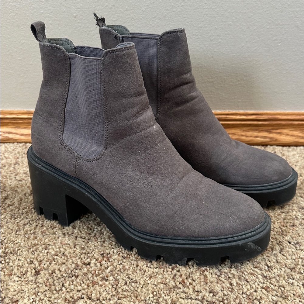 Gray Suede Chunky Heel Ankle Boots